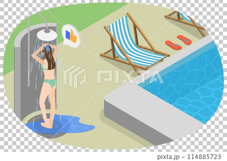 3D Isometric Flat  Illustration of Swimming Pool Shower, Summer Vacations and Seaside Relax 114885723