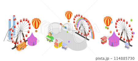 3D Isometric Flat  Set of Amusement Parks, Observation Wheel, Roller Coaster 114885730