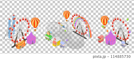 3D Isometric Flat  Set of Amusement Parks, Observation Wheel, Roller Coaster 114885730