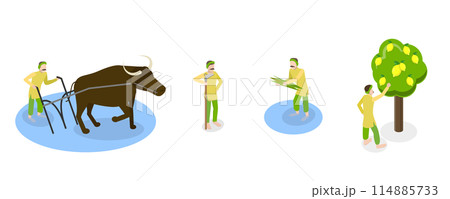 3D Isometric Flat  Set of Indian Farmer Scenes, Agricultural Workers 114885733