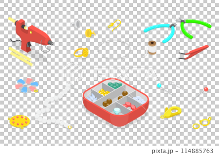 3D Isometric Flat  Illustration of Jewelry Making Tools, Beading Hobby Equipment 114885763