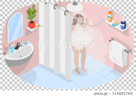 3D Isometric Flat Illustration of Everyday Hygiene Procedure, Woman Washing at Bath 3D Isometric Flat Illustration of Everyday Hygiene Procedure, Woman Washing at Bath 114885768