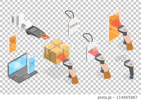 3D Isometric Flat Illustration of Smartphone Barcode Scanning App, Check Inventories Before Shipping 3D Isometric Flat Illustration of Smartphone Barcode Scanning App, Check Inventories Before Shipping 114885867