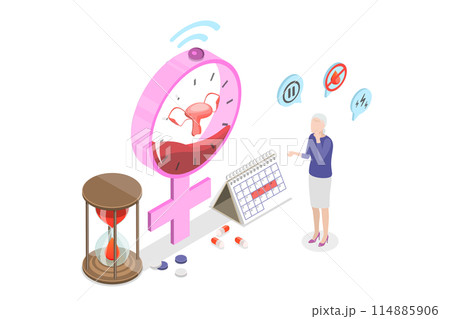 3D Isometric Flat  Illustration of Menopause Symptoms, Women Climacteric 114885906