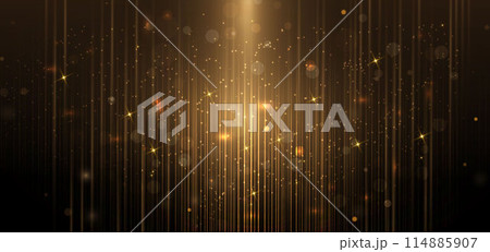Abstract elegant gold glowing line with lighting effect sparkle on black background. Template premium award design. Abstract elegant gold glowing line with lighting effect sparkle on black background. Template premium award design. 114885907