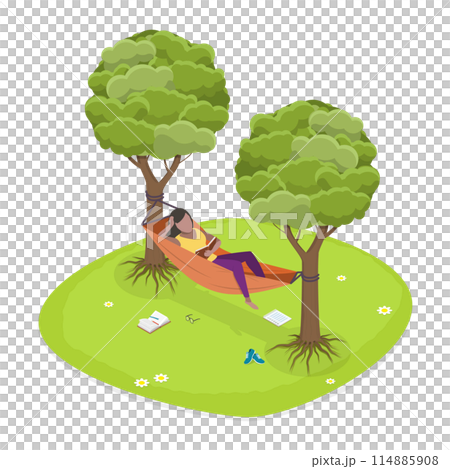 3D Isometric Flat Illustration of Relaxing Lying In Hammock, Having Rest and Enjoying Vacations 3D Isometric Flat Illustration of Relaxing Lying In Hammock, Having Rest and Enjoying Vacations 114885908