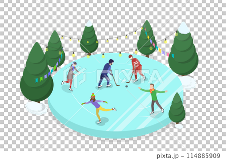 3D Isometric Flat Illustration of Family Skating And Playing Hockey, Winter Sport Activities 3D Isometric Flat Illustration of Family Skating And Playing Hockey, Winter Sport Activities 114885909