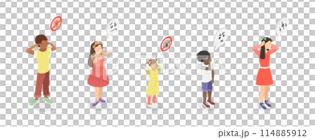 3D Isometric Flat  Illustration of Play Peekaboo, Do not See, Speak and Hear 114885912