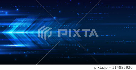 Abstract technology futuristic glowing arrow lines neon blue light ray on dark blue background with square pattern digital element. 114885920