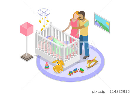 3D Isometric Flat  Illustration of Nursery Room, Sleeping Newborn Baby 3D Isometric Flat  Illustration of Nursery Room, Sleeping Newborn Baby 114885936