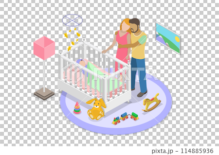 3D Isometric Flat  Illustration of Nursery Room, Sleeping Newborn Baby 3D Isometric Flat  Illustration of Nursery Room, Sleeping Newborn Baby 114885936