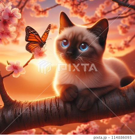 梅の花と戯れる青い目の猫 梅の花と戯れる青い目の猫 114886093