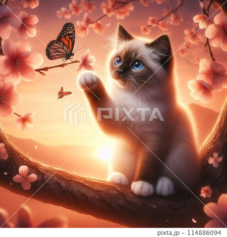 梅の花と戯れる青い目の猫 梅の花と戯れる青い目の猫 114886094