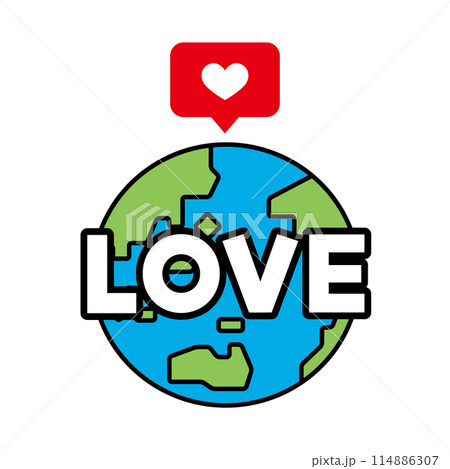 LOVEの文字と、いいねマークのついた地球のイラスト LOVEの文字と、いいねマークのついた地球のイラスト 114886307