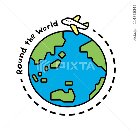 Round the Worldの文字と、飛行機と地球のイラスト 114886345