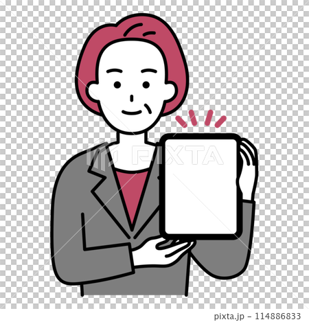 一名身穿西裝的中年婦女拿著平板電腦解釋 114886833