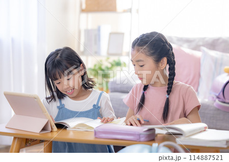 リビングで宿題をする姉妹 114887521