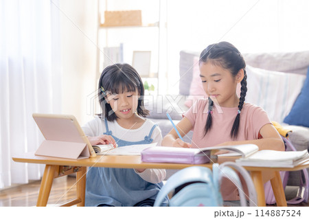 リビングで宿題をする姉妹 リビングで宿題をする姉妹 114887524