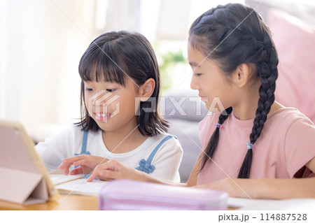 リビングで宿題をする姉妹 114887528