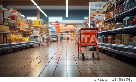 Abandoned Supermarket Aisle and Stark White Floors Modern Shopping Mall Interior AI Generated 114888049