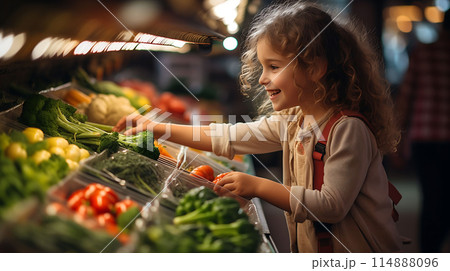 Happy Girl Selecting Fresh Vegetables or Fruits in Super Market Healthy Food Concept Ai Generated 114888096