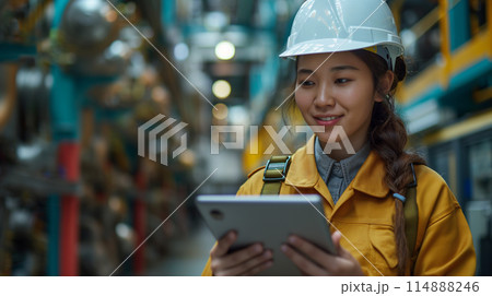 工場でタブレットを操作する女性 114888246