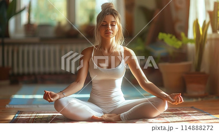 Young woman practicing lotus asana in Home. Padmasana pose AI generated 114888272