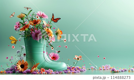 Blue colored boot with Spring flowers on a aqua blue Green background with copy space AI generated 114888273