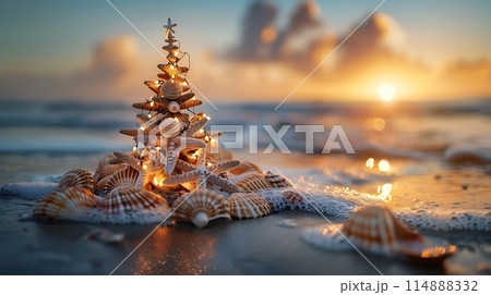 Christmas tree from shells on sand background in the beautiful sunset AI generated 114888332