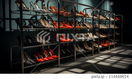 Front View of Shoes on the Shelf in Super Market Multicolored Sport Shoes Store Racks Ai Generated Front View of Shoes on the Shelf in Super Market Multicolored Sport Shoes Store Racks Ai Generated 114888654