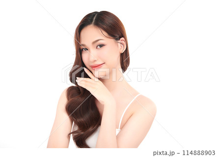 Beautiful young asian woman with clean fresh skin on white background, Face care, Facial treatment, Cosmetology, beauty and spa, Asian women portrait. Beautiful young asian woman with clean fresh skin on white background, Face care, Facial treatment, Cosmetology, beauty and spa, Asian women portrait. 114888903