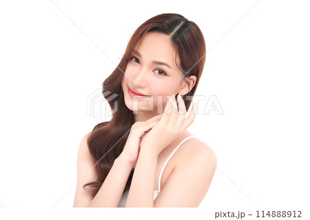 Beautiful young asian woman with clean fresh skin on white background, Face care, Facial treatment, Cosmetology, beauty and spa, Asian women portrait. Beautiful young asian woman with clean fresh skin on white background, Face care, Facial treatment, Cosmetology, beauty and spa, Asian women portrait. 114888912