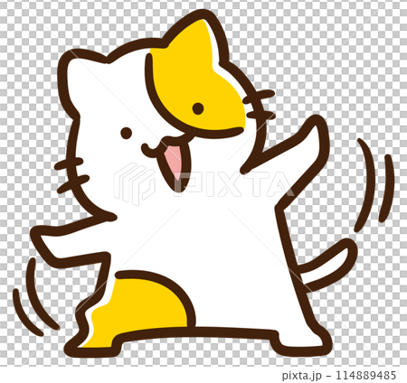 A deformed illustration of a cute cat character posing with his arms outstretched and his head tilted 114889485