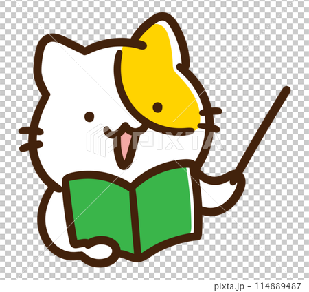 一隻可愛的貓角色在看教科書時用指點棒指著的變形插圖 114889487