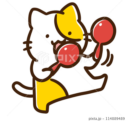 マラカスを振ってノリノリなかわいいねこのキャラクターのデフォルメイラスト マラカスを振ってノリノリなかわいいねこのキャラクターのデフォルメイラスト 114889489