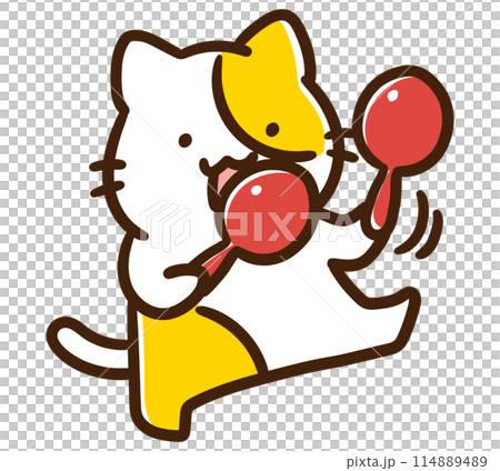 マラカスを振ってノリノリなかわいいねこのキャラクターのデフォルメイラスト マラカスを振ってノリノリなかわいいねこのキャラクターのデフォルメイラスト 114889489