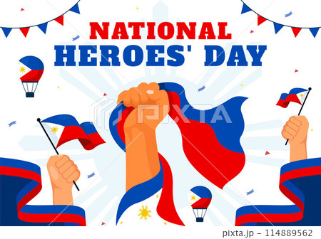 Philippines Heroes Day Vector Illustration with Waving Flag and Ribbon in a National Holiday Celebration, Flat Cartoon Style Background Philippines Heroes Day Vector Illustration with Waving Flag and Ribbon in a National Holiday Celebration, Flat Cartoon Style Background 114889562
