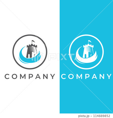Castle logo silhouette, castle logo with shield combination design vector illustration template. 114889852