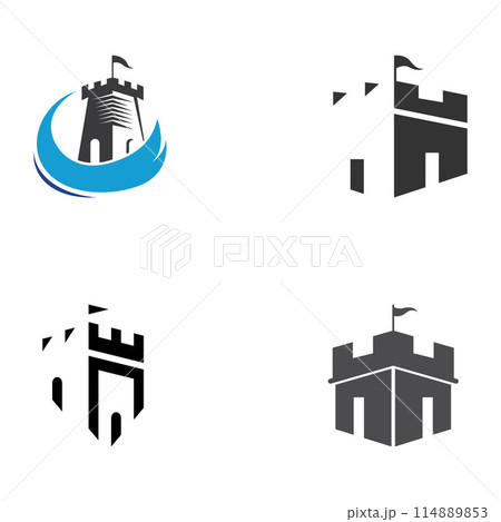 Castle logo silhouette, castle logo with shield combination design vector illustration template. Castle logo silhouette, castle logo with shield combination design vector illustration template. 114889853
