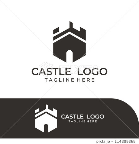 Castle logo silhouette, castle logo with shield combination design vector illustration template. Castle logo silhouette, castle logo with shield combination design vector illustration template. 114889869