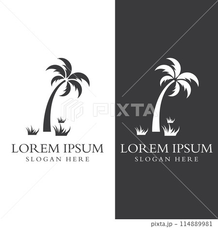 Palm tree logo, palm with waves and sun. Using Illustrator template design editing. 114889981