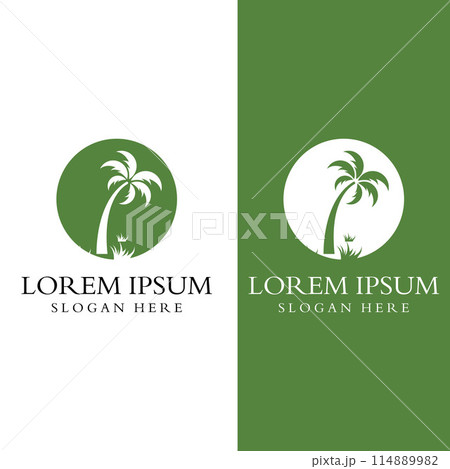 Palm tree logo, palm with waves and sun. Using Illustrator template design editing. Palm tree logo, palm with waves and sun. Using Illustrator template design editing. 114889982