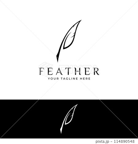 Feather logo, feather pen logo and law firm feather logo design vector illustration template. 114890548