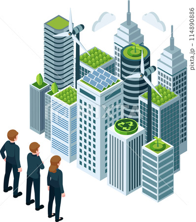 Isometric Business Team Observing Sustainable Cityscape 114890886