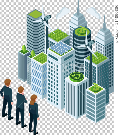 Isometric Business Team Observing Sustainable Cityscape 114890886