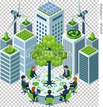 Isometric Sustainable Business Meeting Surrounded by Eco-Friendly Urban Buildings 114890888