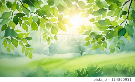 水彩画 風景画新緑皐月若葉自然の風景 癒し木製フレーム