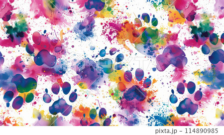 Playful Watercolor Paw Prints. Colorful Diversity in Various Sizes on a Clean White Background 114890985
