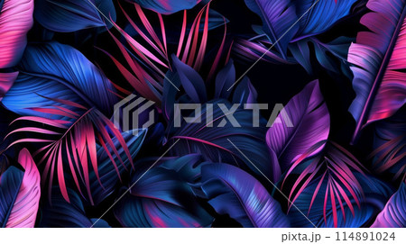 Blue and Purple Palm Leaves Set Against a Black Background 114891024