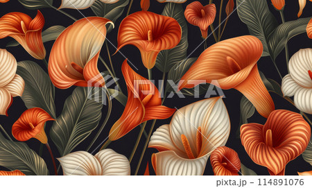 Dark Background Blooms with Floral Design of Orange and White Blossoms and Green Leaves 114891076